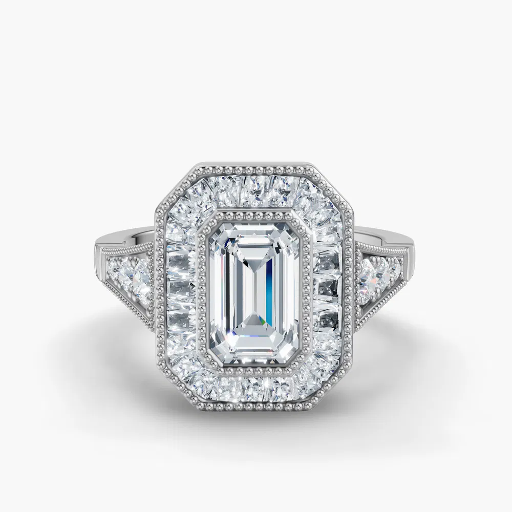 Certified 1 carat Lab Grown Diamond Emerald Cut Art Deco, Baguette, Milgrain Engagement Ring in 14K White Gold-Luxen