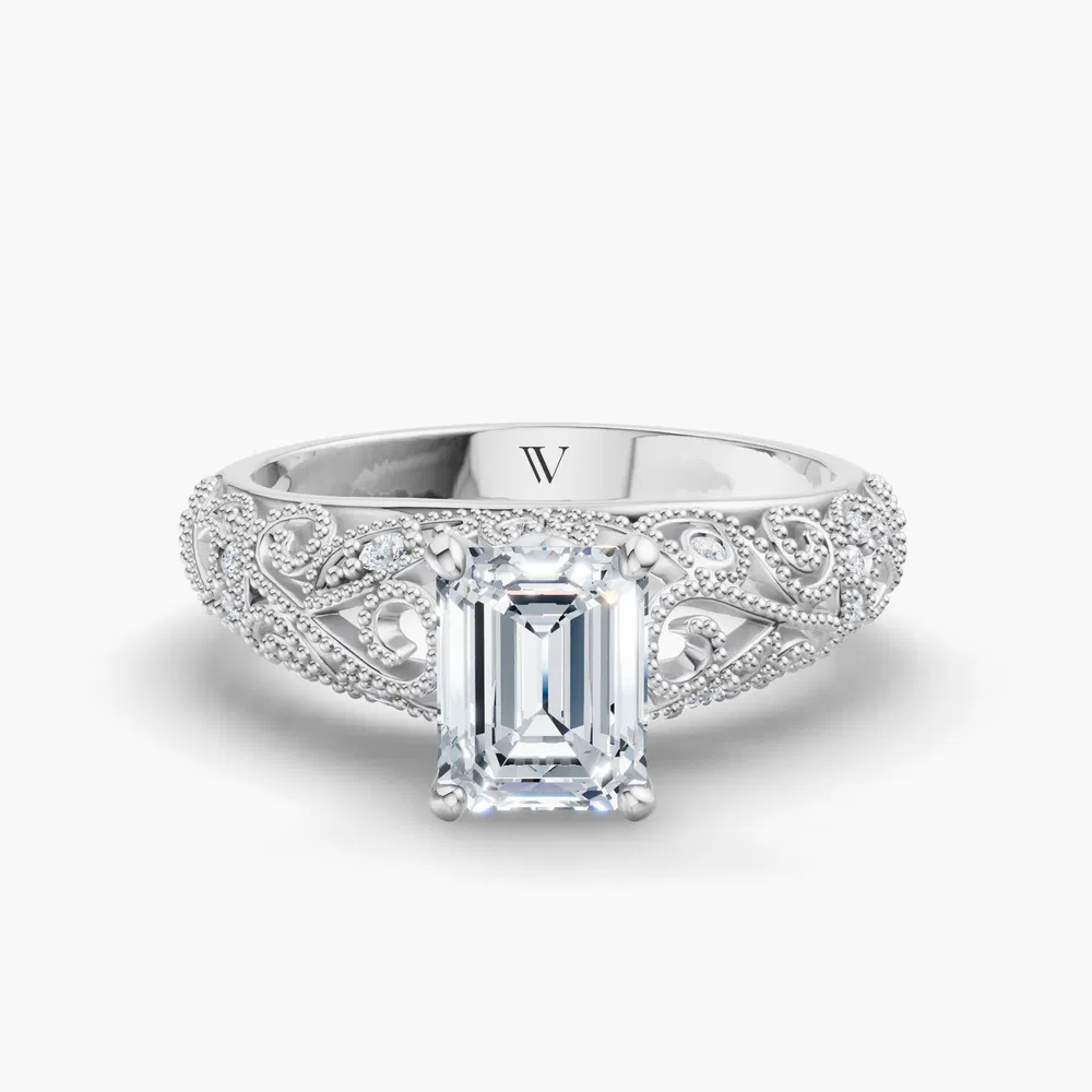 Certified 1 carat Lab Grown Diamond Emerald Cut Vintage, Milgrain, Filigree Engagement Ring in 14K White Gold-Jaxen