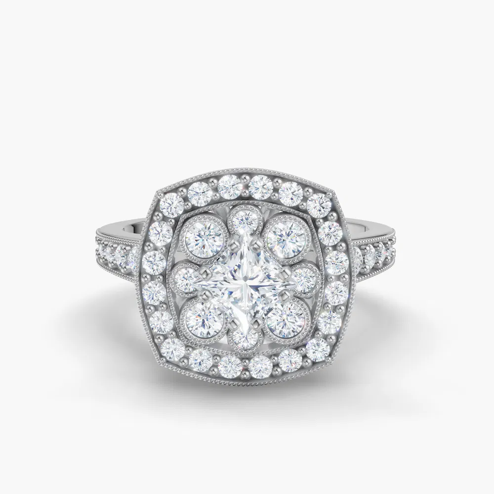 Certified 1 carat Lab Grown Diamond Princess Cut Vintage, Double halo, Cluster Engagement Ring in Platinum-Isolde