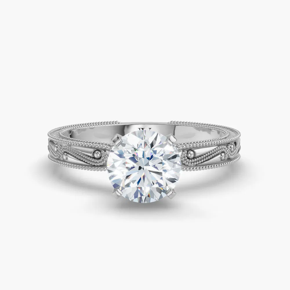 Lirae 1 carat Lab Grown Diamond Round Cut Vintage, Solitaire, Milgrain Engagement Ring in 14K White Gold