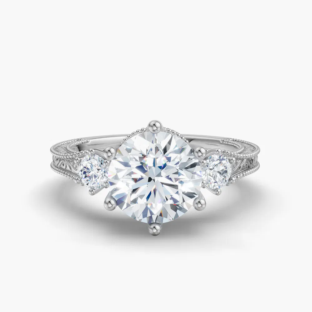 Zara 1 carat Lab Grown Diamond Round Cut Vintage, Side Stone, Three Stone Engagement Ring in 14K White Gold