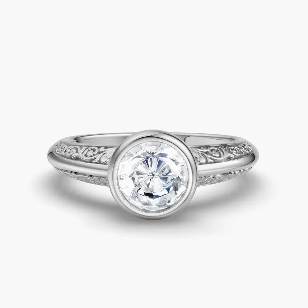 Veyra 1 carat Lab Grown Diamond Round Cut Vintage, Solitaire, Bezel Engagement Ring in 14K White Gold
