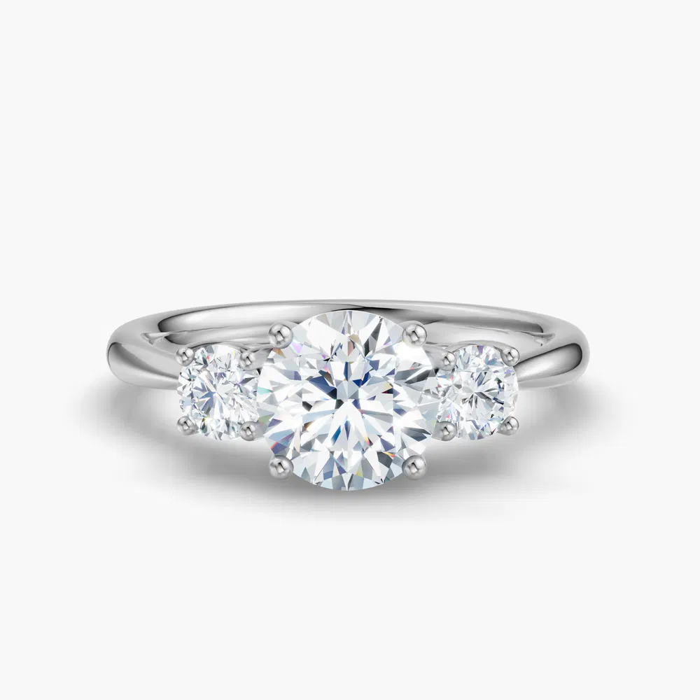 Dhyra 1 carat Lab Grown Diamond Round Cut Side Stone, Three Stone, Low profile Engagement Ring in 14K White Gold