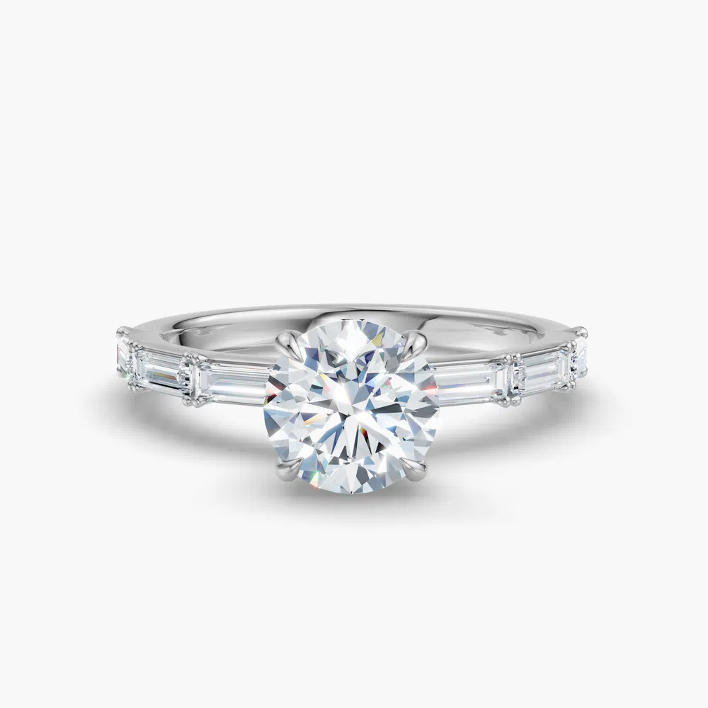 Lunark 1 carat Lab Grown Diamond Round Cut Side Stone, Baguette Engagement Ring in 14K White Gold