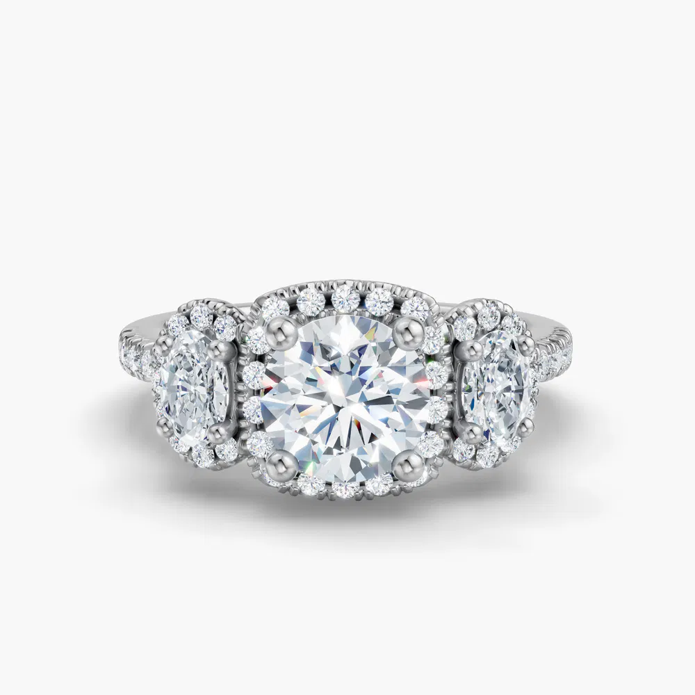 Norell 1 carat Lab Grown Diamond Round Cut Side Stone, Three Stone, Halo Engagement Ring in 14K White Gold