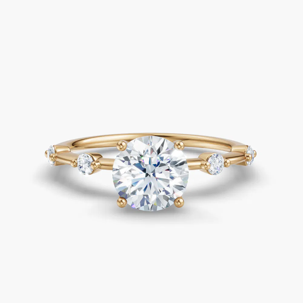 Hriw 1 carat Lab Grown Diamond Round Cut Side Stone, Low profile Engagement Ring in 18K Yellow Gold