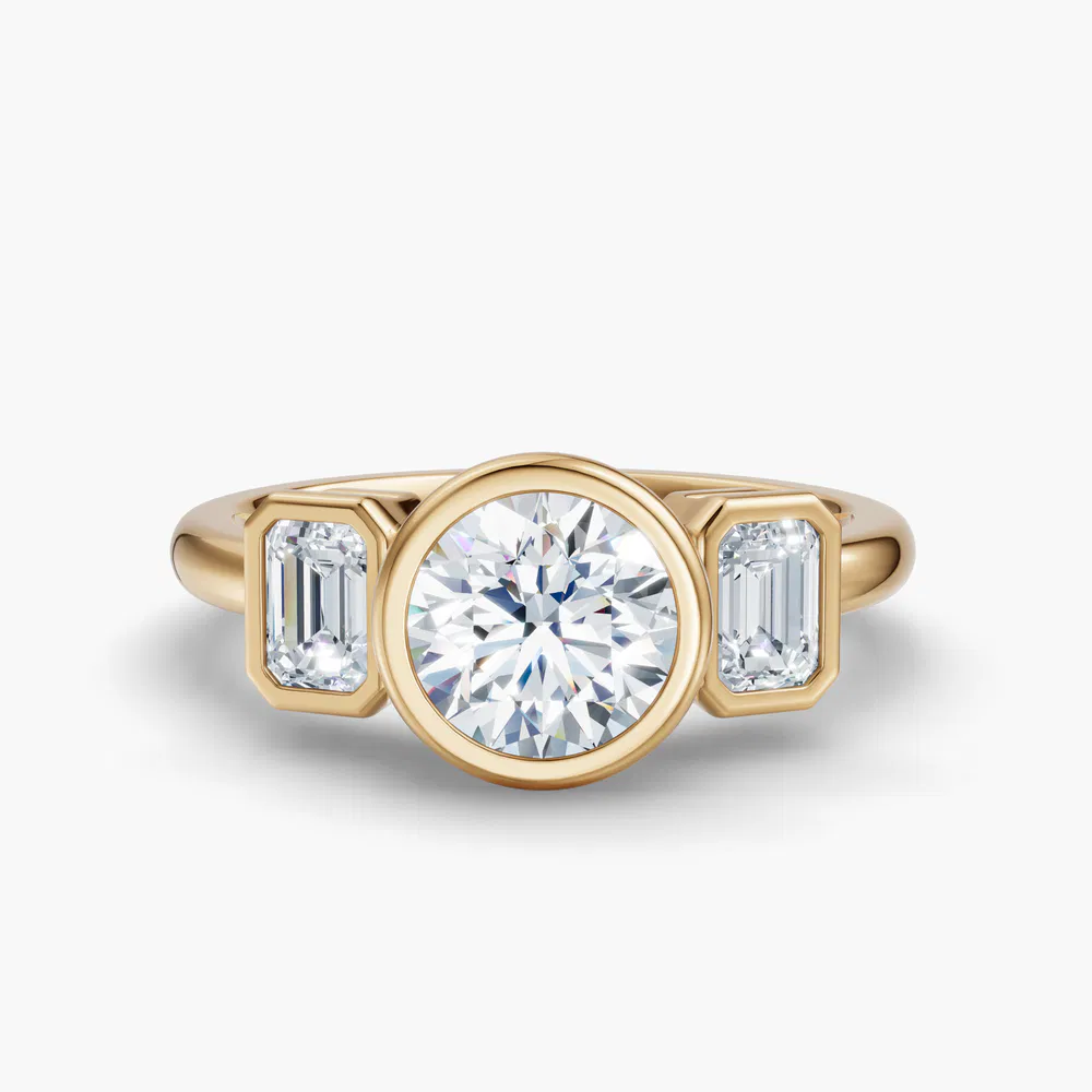 Elix 1 carat Lab Grown Diamond Round Cut Three Stone, Side Stone, Bezel Engagement Ring in 18K Yellow Gold
