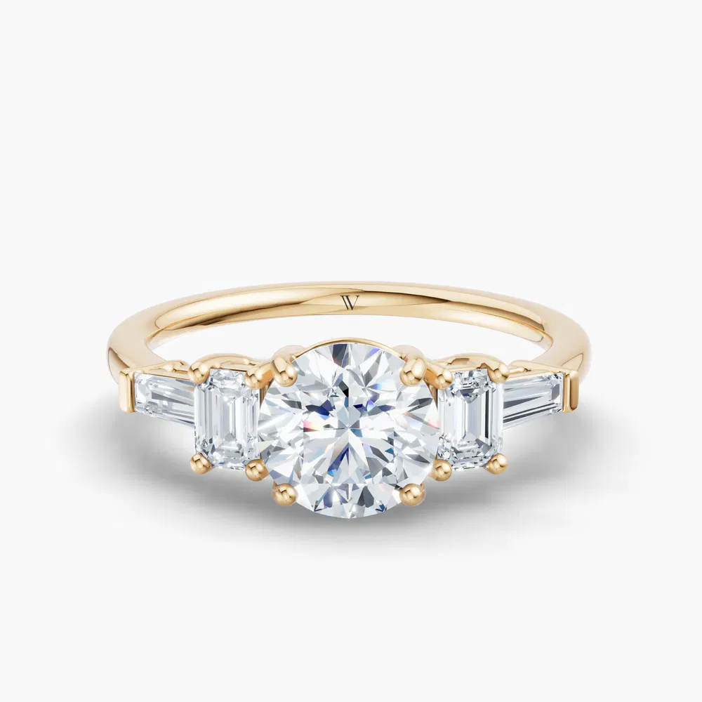 Olume 1 carat Lab Grown Diamond Round Cut Baguette, Five Stone, Low profile Engagement Ring in 14K Yellow Gold