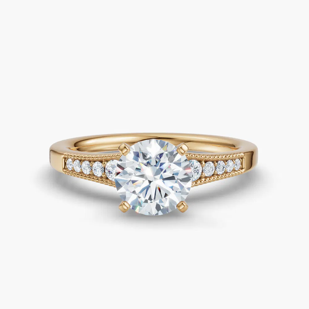 Rosca 1 carat Lab Grown Diamond Round Cut Side Stone, Milgrain, Pavé Engagement Ring in 14K Yellow Gold