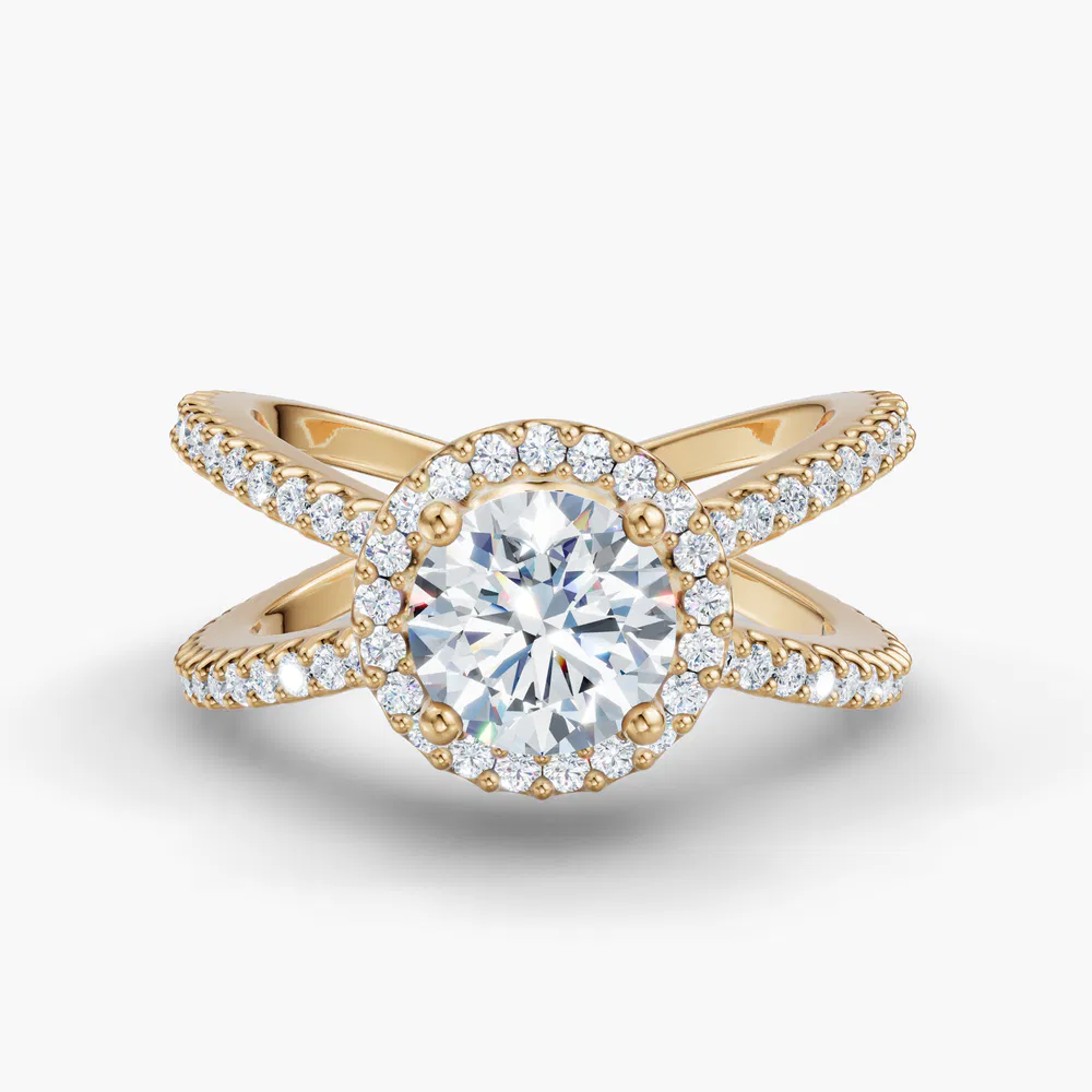 Xylius 1 carat Lab Grown Diamond Round Cut Halo, Pavé, Split Shank Engagement Ring in 18K Yellow Gold