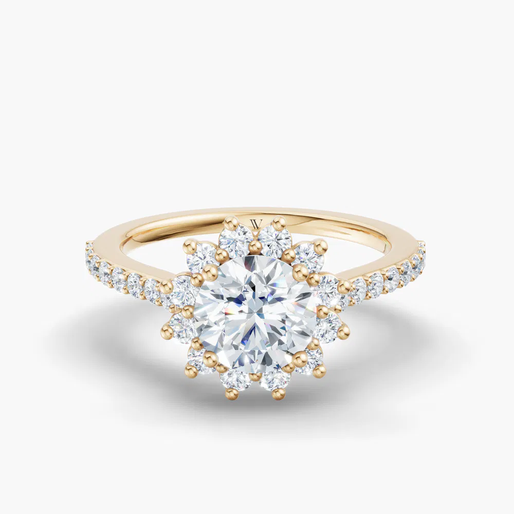 Elite Juniper 1 carat Lab Grown Diamond Round Cut Halo, Floral, Pavé Engagement Ring in 14K Yellow Gold
