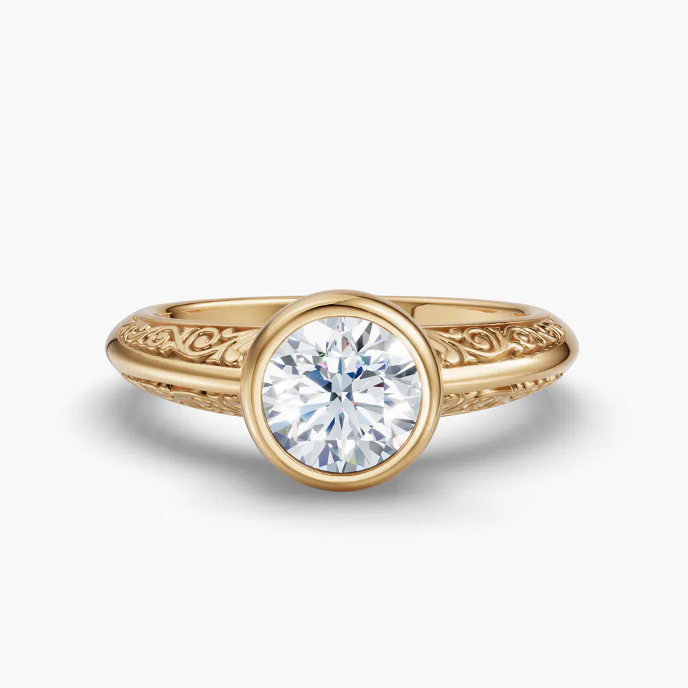 Veyra 1 carat Lab Grown Diamond Round Cut Solitaire, Vintage, Bezel Engagement Ring in 14K Yellow Gold