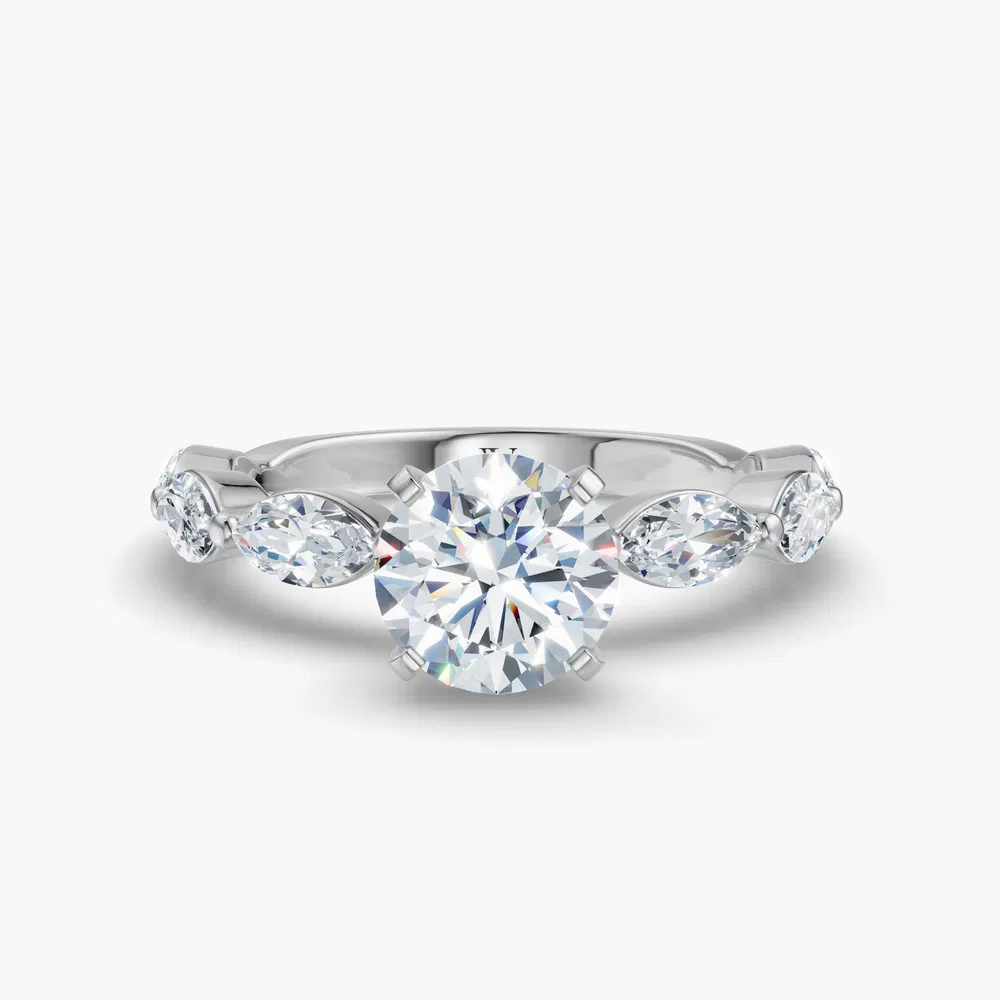 Certified 1 carat Lab Grown Diamond Round Cut Four Prong, Side Stone Engagement Ring in 14K White Gold-Trind