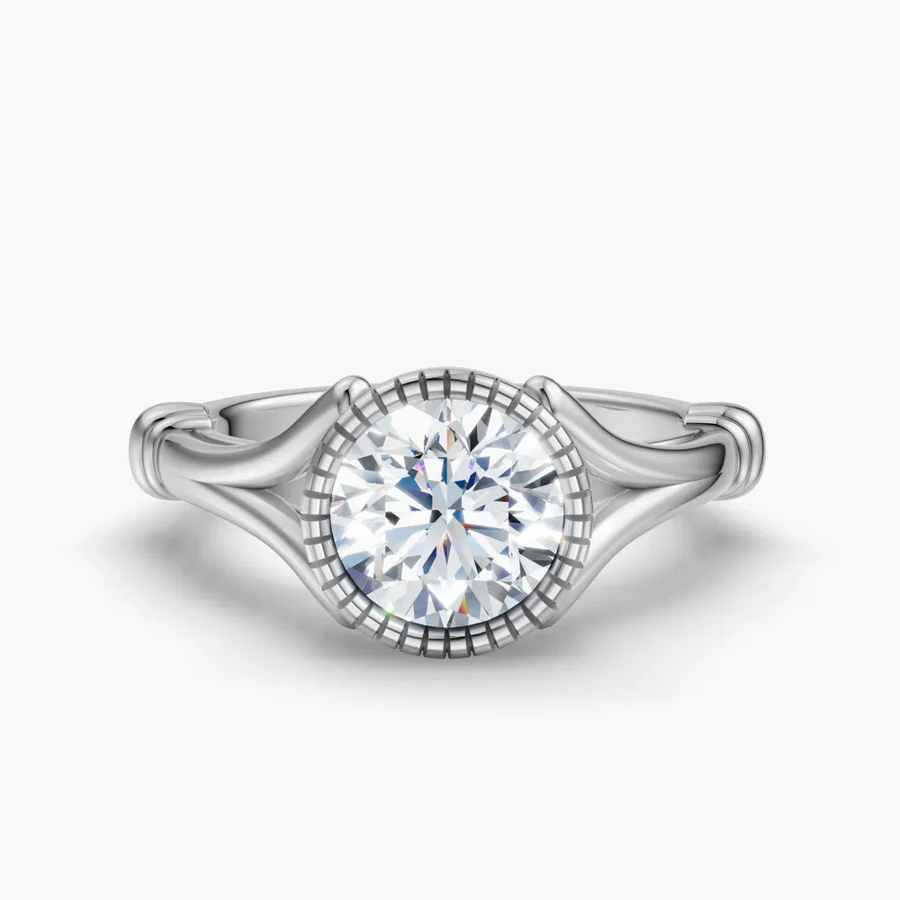 Certified 1 carat Lab Grown Diamond Round Cut Solitaire, Split Shank, Bezel Engagement Ring in 14K White Gold-Nerea