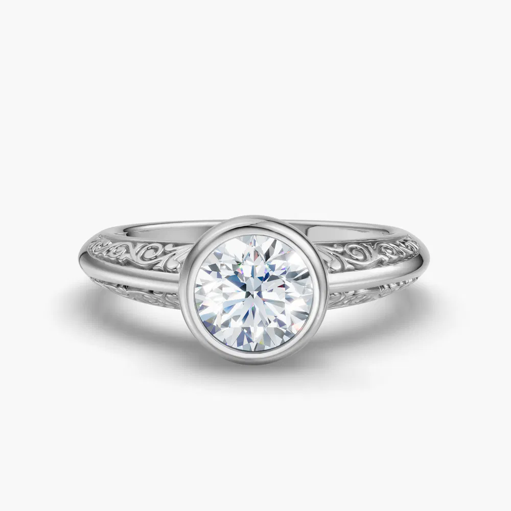 Veyra 1 carat Lab Grown Diamond Round Cut Solitaire, Vintage, Bezel Engagement Ring in 14K White Gold