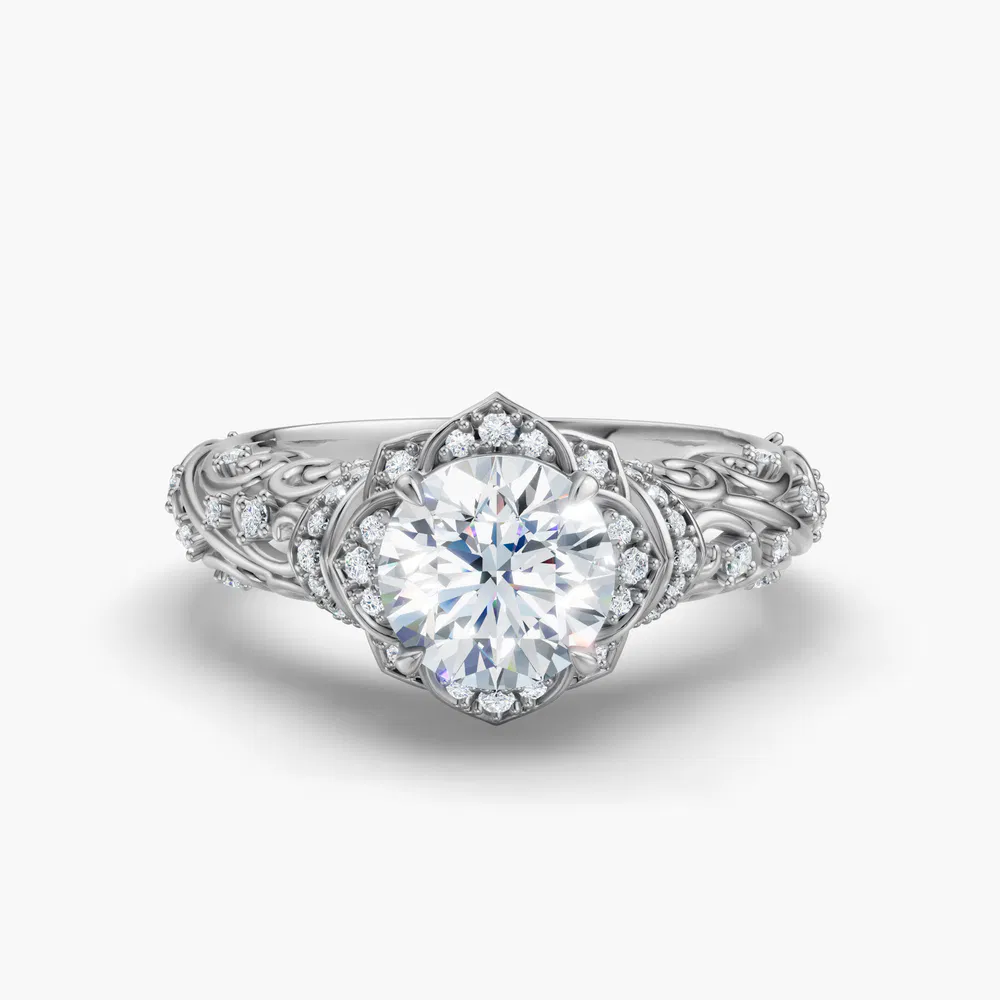 Certified 1 carat Natural Diamond Round Cut Vintage, Filigree, Floral Engagement Ring in 14K White Gold-Delyn