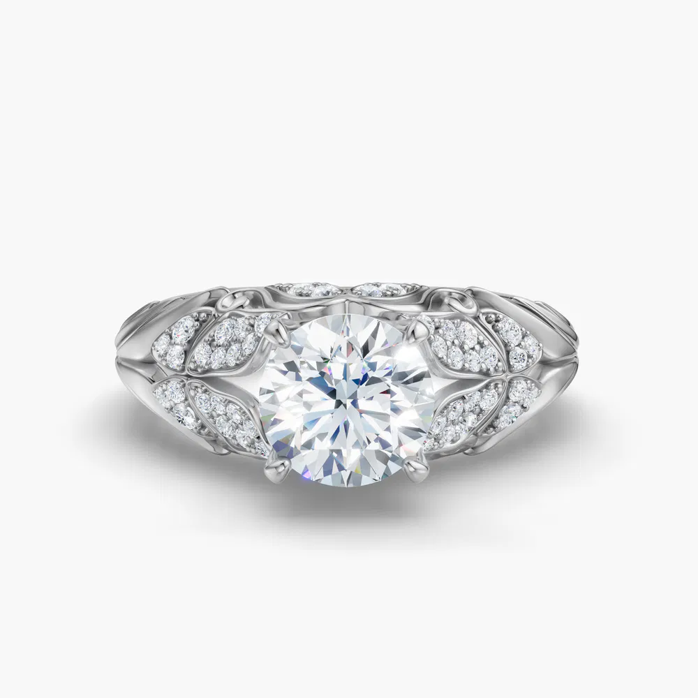 Certified 1 carat Natural Diamond Round Cut Nature inspired, Pavé, Unique Engagement Ring in 14K White Gold-Lyric
