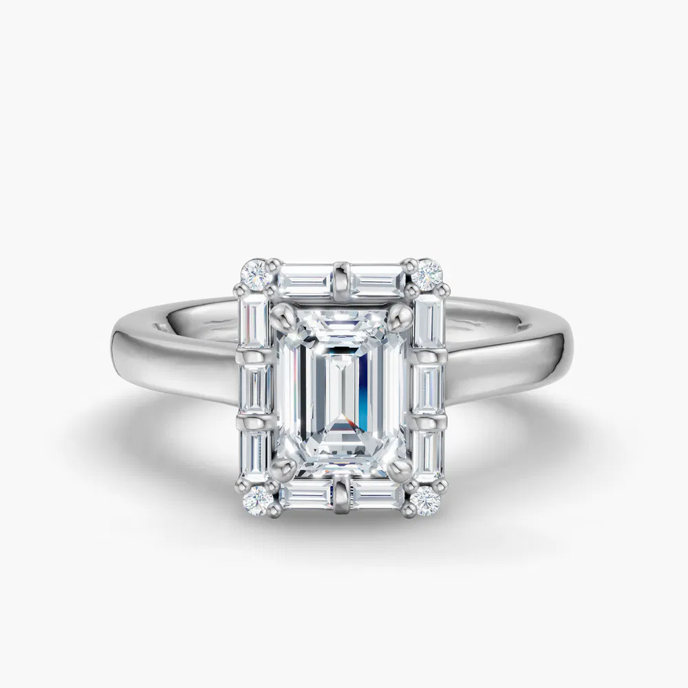 Certified 1 carat Natural Diamond Emerald Cut Art Deco, Halo, Baguette Engagement Ring in 14K White Gold-Miriel
