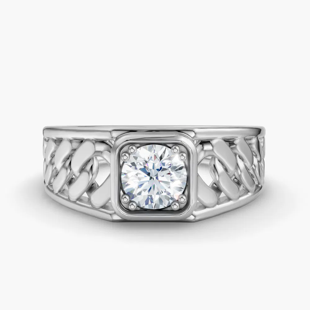 Certified 1 carat Natural Diamond Round Cut Vintage, Unique, Men's Engagement Ring in 14K White Gold-Cuban